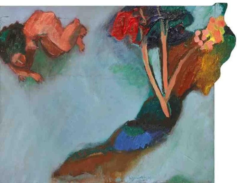 Henri Guibal (né en 1947)
Le petit songe sur l'île oubliée, 2005. Acrylique et collage sur toile et bois découpé. Signée et datée en bas à droite. Signée, datée et titrée au dos. 38 x 46 cm