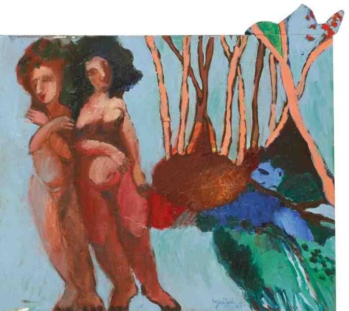 Henri Guibal (né en 1947)
Sur l'île oubliée, 2005. Acrylique et collage sur toile et bois découpé. Signée et datée en bas à droite. Signée, datée et titrée au dos. 38 x 46 cm