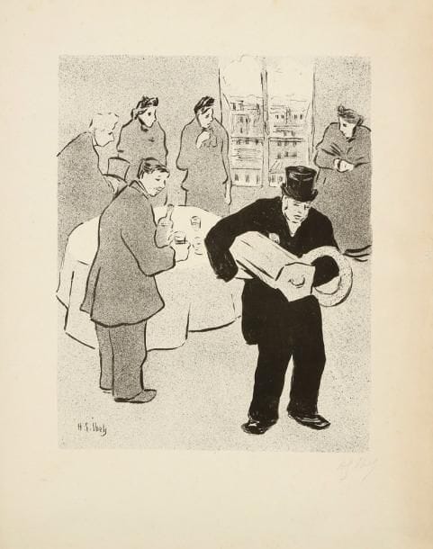 Henri-Gabriel Ibels (1867-1936)
[Réunion de famille au croque-mort]. Illustration pour une mélodie. Lithographie. 198 x 250. Bonne épreuve de tiré à part sur vélin glacé, avant la lettre, signée à la mine de plomb. Oxydation et petits accidents au bord droit. Toutes marges.