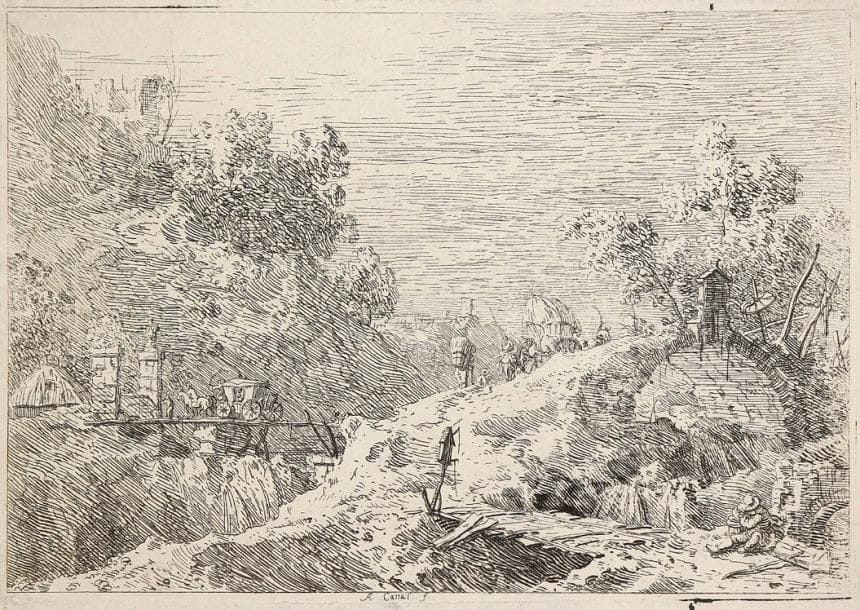 Antonio Canaletto (1697-1768)
Paysage de montagne avec cinq ponts. Eau-forte. 210 x 149. De Vesme 19; Bromberg 22. Belle épreuve rognée sur le coup de planche sur trois côtés. Restes de papier gommé au verso. Paraphe de F. A. Maglin avec la date «1895» (Lugt 1777).