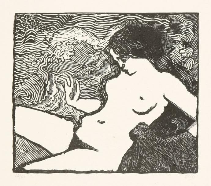 Aristide Maillol (1861-1944)
La Vague. 1895-1898. Bois gravé. 197 x 171. Guérin 8. Très belle et fraîche épreuve sur chine volant, numérotée et signée du monogramme à la mine de plomb. Infimes rousseurs et quelques minuscules irrégularités ou taches dans la texture du papier (normales). Toutes marges. Tirage à 60 épreuves sur ce papier. Tirage total à 141 épreuves. Timbre sec: H. Petiet éditeur Paris (Lugt 2021a).