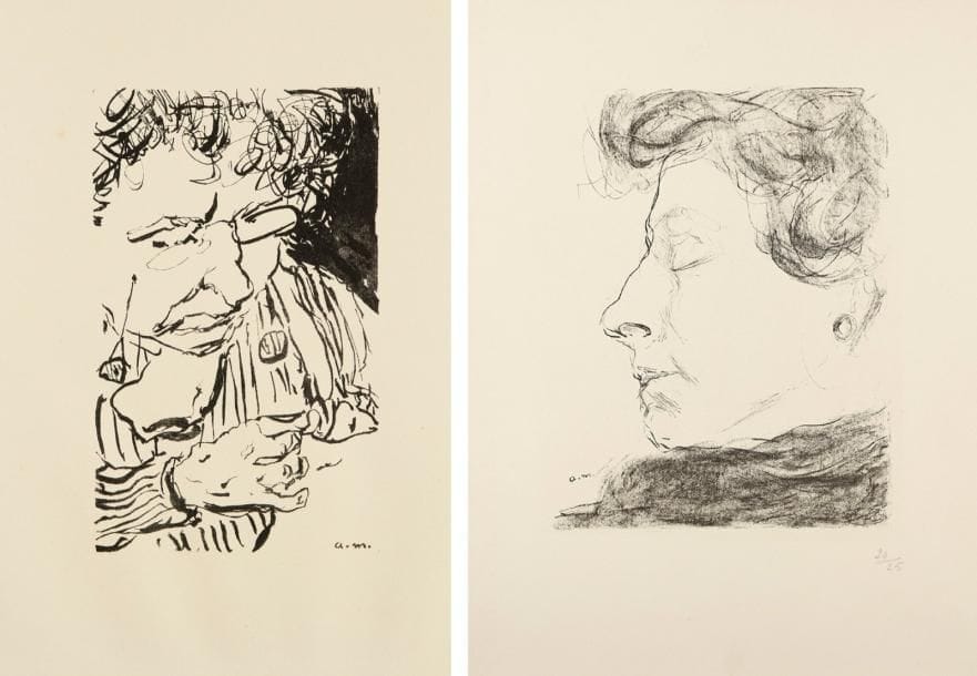 Albert Marquet (1875-1947)
Une femme cousant. 1902; Tête de profil. 1906. Lithographie. [255 x 330]. Très belles épreuves du tirage posthume, sur vélin crème, numérotées. Toutes marges. Rare. Tirage à 25 épreuves. Ens. 2 p.