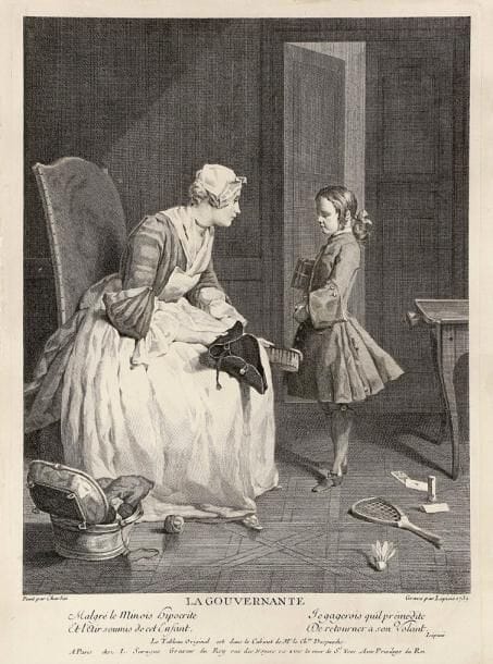 Jean-Baptiste Chardin (1699-1779) (d'après)
La Gouvernante. 1739. Gravé par Lépicié. 270 x 375. Portalis et Beraldi 6. Bonne épreuve soigneusement lavée. Marges étroites.