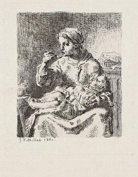 Jean-François Millet (1814-1875)
La Bouillie. 1861. Eau-forte. 156 x 185. D. 17. Très belle épreuve sur japon. Double trace de pli oblique médiane. Courts plis de manipulation. Toutes marges. Tirage postérieur (1903 ou 1906).