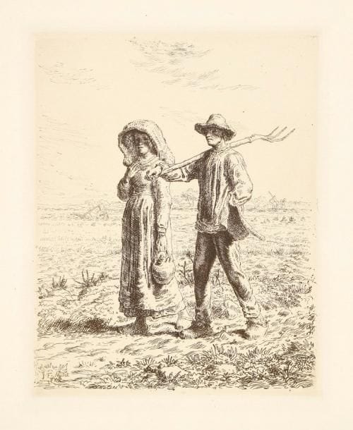 Jean-François Millet (1814-1875)
Le Départ pour le travail. 1863. Eau-forte. 305 x 385. D. 19. Très belle épreuve d'ancien tirage en noir bistré sur vergé crème filigrane «Van Gelder», du 5e état (sur 6), les adresses effacées, avec les trois points dans l'angle inférieur droit mais avant prolongement du nuage au-dessus du paysan. Plusieurs courts pli cassés verticaux au bord gauche. Très claires rousseurs. Grandes marges.