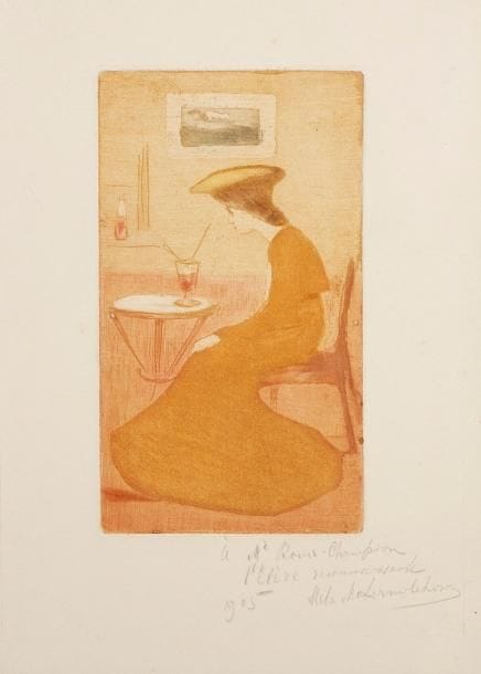 Mela Muter (Mela Mutermilch, dite) (1876-1967)
Femme au verre d'absinthe. 1905. Eau-forte et aquatinte. 85 x 153. Impression en couleurs. Parfaite épreuve sur vélin blanc, dédicacée «à Mr Roux-Champion, / L'élève reconnaissante / 1905 Mela Mutermilch (...)». Toutes marges. De la plus grande rareté.