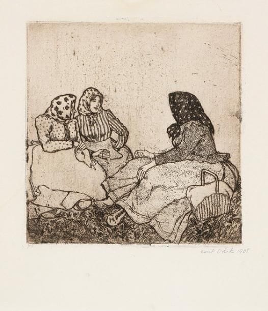 Emil Orlik (allemand, 1870-1932)
[Trois paysannes assises]. 1905. Eau-forte. 215 x 222. Très belle épreuve tirée en brun sur vélin crème, numérotée, signée et datée à la mine de plomb. Très claires auréoles d'humidité marginales. Toutes marges. Cadre.