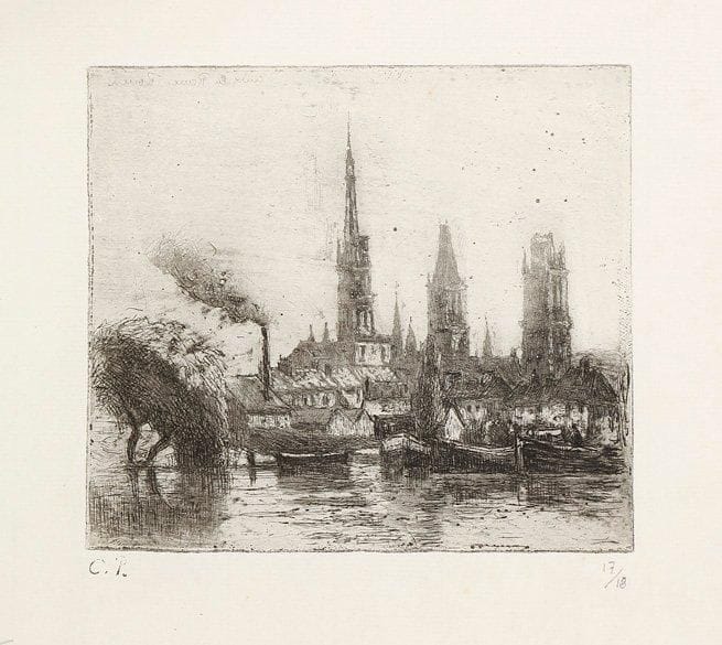 Camille Pissarro (1830-1903)
Cours-la-Reine ou Bords de la Seine à Rouen. 1884. Eau-forte, pointe sèche et aquatinte. 138 x 122. Delteil 49. Très belle épreuve sur vergé, timbrée (Lugt 613e) et numérotée à la mine de plomb, l'une des 18 du tirage posthume de 1923. Deux petits restes de papier gommé aux bords latéraux du feuillet au verso. Tirage total à 22 épreuves (dont seulement 4 du vivant de l'artiste).