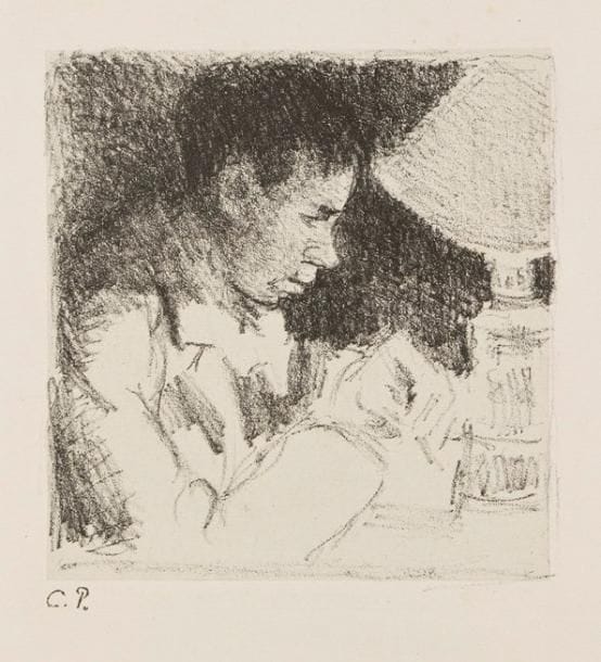 Camille Pissarro (1830-1903)
Jeune homme écrivant (portrait de Rodo). Vers 1895. Litho-graphie. 120 x 123. D. 145. Très belle épreuve sur chine appliqué, timbrée (Lugt 613e), l'une des 12 du tirage posthume de 1923. Infimes rousseurs. Toutes marges. Tirage total à environ 15 épreuves (dont seulement 2 ou 3 du vivant de l'artiste).