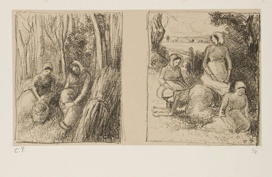 Camille Pissarro (1830-1903)
Deux Femmes assises dans les bois, ou Bûcheronnes; Groupe de paysannes dans une clairière. Vers 1896. Lithographie. 240 x 132. D. 164 et 165. Très belle épreuve des deux sujets tirés ensemble, sur vergé mince beige appliqué, timbrée (Lugt 613e) et numérotée à la mine de plomb, l'une des 18 du tirage posthume de 1923. Rousseurs éparses, notamment en pied du feuillet. Toutes marges. Tirage total à 29 épreuves (dont 11 du vivant de l'artiste, les deux sujets alors tirés séparément).