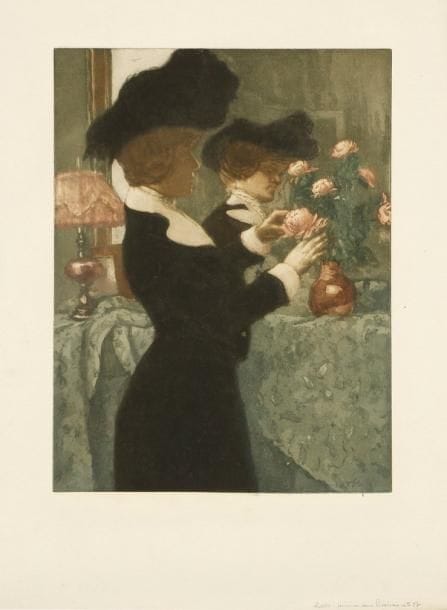 Manuel Robbe (1872-1936)
La Femme aux pivoines. Vers 1905. Eau-forte et aquatinte. 318 x 418. Perussaux 41. Impression en couleurs. Très belle épreuve sur vergé, signée à la mine de plomb dans le sujet en bas à droite. Quelques infimes défauts d'encrage dans le quart inférieur du sujet. Toutes marges.