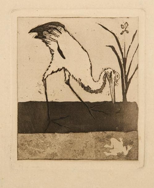 Félicien Rops (1833-1898)
Cigogne japonaise. Eau-forte et aquatinte. 65 x 80. Exsteens 583. Très belle épreuve sur vergé. Petites traces de colle dans les angles au verso. Toutes marges.