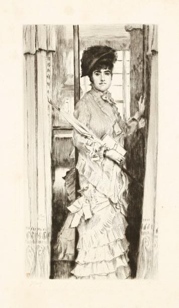 James-J.-J. Tissot (1836-1902)
Portrait de Miss L., ou Il faut qu'une porte soit ouverte ou fermée. 1876. Pointe sèche. 205 x 375. Wentworth 23. Très belle épreuve sur vergé, timbrée (Lugt 1545) et signée à la mine de plomb. Larges rousseurs claires éparses. Toutes marges. Tirage à 50 épreuves.