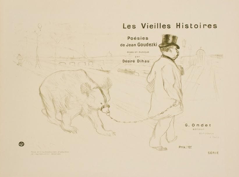 Henri de Toulouse-Lautrec (1864-1901)
Les Vieilles Histoires. 1893. Lithographie. 540 x 340. Delteil 18; Wittrock 5; Adriani 27. Impression en vert olive. Parfaite épreuve sur vélin ivoire, du 2e état (sur 3) selon Adriani, avant le tirage en couleurs. Toutes marges.