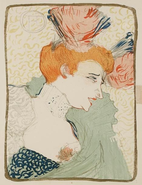 Henri de Toulouse-Lautrec (1864-1901)
Mademoiselle Marcelle Lender en buste. 1895. Lithographie. 240 x 325 [280 x 360]. D. 102; W. 99. Impression en couleurs. Bonne épreuve sur vélin blanc, avec la mention imprimée en pied: «Originallithographie in acht Farben von H. de Toulouse-Lautrec, pan I 3.» Morceau d'adhésif au bord gauche au verso, oxydé au recto. Fin pli cassé horizontal en travers du visage. Infime accident en tête. Toutes marges. Cadre.