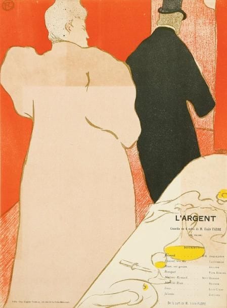 Henri de Toulouse-Lautrec (1864-1901)
L'Argent. Comédie en 4 actes de M. Émile Fabre. Programme pour Les Menus-Plaisirs, 5 mai 1895. Lithographie. [237 x 318]. D. 15; W. 97. Impression en couleurs. Belle épreuve sur vélin, avec offset d'autres épreuves recto et verso. Pli cassé dans l'angle supérieur droit. Toutes marges.