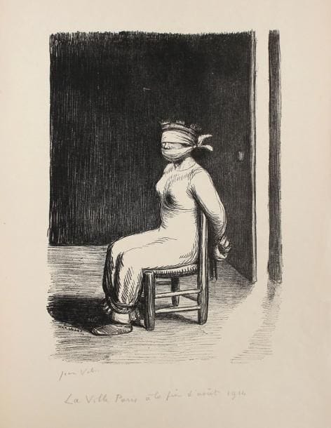 Jean Veber (1864-1928)
La Ville Paris à la fin d'août 1914. 1914. Zincographie. 225 x 320. Très belle épreuve sur vélin glacé, signée et titrée à la mine de plomb. Courte déchirure au bord droit. Infimes plis cassés. Toutes marges.