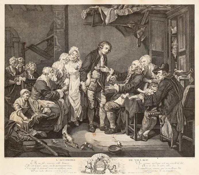 Jean-Baptiste Greuze(1725-1805) (d'après)
L'Accordée de village; La Piété filiale; Le Père de famille. Gravé par Mirel, Daullé et Lyreux. Chaque env. [470 x 420]. Belles ou bonnes épreuves, rognées sur le coup de planche mais complètes de la tablette. Auréoles claires d'humidité et traces d'oxydation. Galerie de vers en pied et petit trou dans le sujet à la dernière. Ens. 3 p.