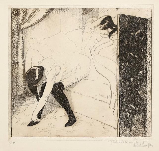Robert Bonfils (1886-1972)
Deux Femmes au lever. 1913. Eau-forte. 262 x 245. I.F.F. 8. Très belle et fraîche épreuve sur vergé fort, numérotée à la mine de plomb puis dédicacée «à J. Laboureur très cordialement» et signée. Toutes marges. Tirage à 15 épreuves.