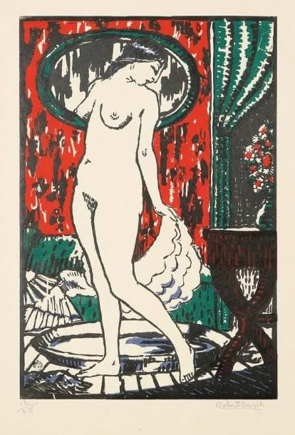 Robert Bonfils (1886-1972)
Femme au tub. 1914. Bois gravé. 195 x 292. I.F.F. 22. Impression en couleurs. Très belle épreuve sur japon, numérotée et signée à la mine de plomb. Traces de colle le long du bord inférieur du feuillet. Toutes marges non ébarbées. Tirage à 45 épreuves. Timbre: L'Estampe nouvelle (Lugt 886).