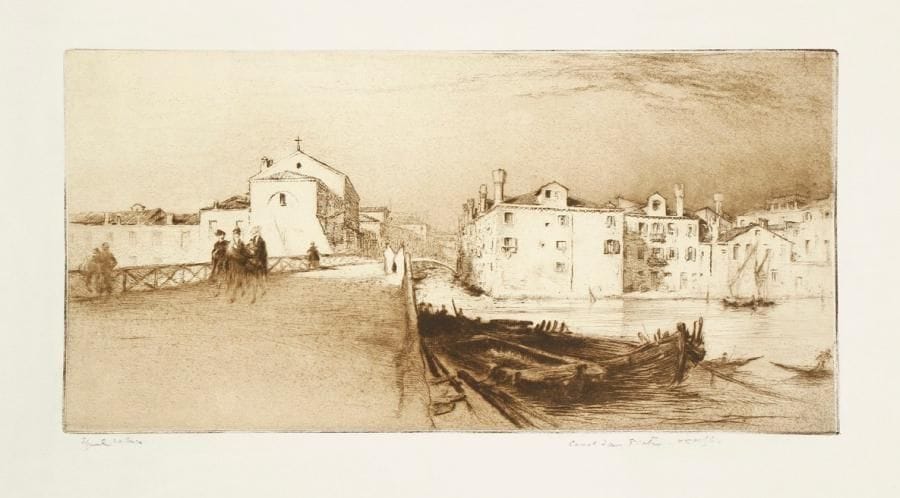 Edgar Chahine (arménien, 1874-1947)
Canal San Pietro, Venise. 1922. Eau-forte et pointe sèche. 387 x 193. Tabanelli 361. Très belle épreuve tirée en brun bistré sur chine appliqué, soigneusement lavée (inscriptions frottées), signée et titrée à la mine de plomb. Marges légèrement réduites.
