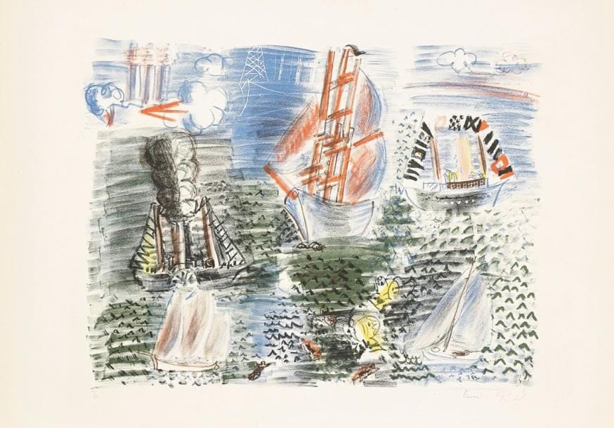Raoul Dufy (1877-1953)
[Marine]. Vers 1925. Lithographie. 460 x 350. Impression en couleurs. Superbe épreuve d'essai sur vélin blanc, très fraîche de couleurs, numérotée à la mine de plomb, annotée «Essai» et signée des initiales. Décharges d'encre au verso. Toutes marges. Tirage à 33 épreuves.
