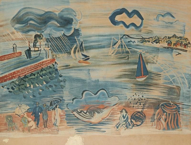 Raoul Dufy (1877-1953)
[Bord de mer]. Vers 1940. Lithographie. À vue: 650 x 500. Impression en couleurs. Belle épreuve sur vélin (papier «boucherie»), oxydée, dédicacée: «à Charles Brune et à sa femme» puis signée à la mine de plomb. Aplats de gouache blanche (oxydée) en marge inférieure, masquant d'anciennes inscriptions. Fins plis cassés. Cadre.