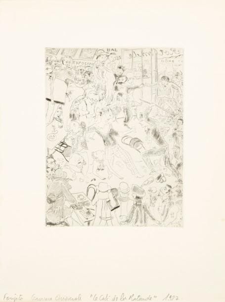 Léonard Tsuguharu Foujita (1886-1968)
À la Rotonde. 1925. Planche pour Tableaux de Paris, Émile-Paul éd., Paris, 1927. Pointe sèche et roulette. 149 x 192. Buisson 25-68. Très belle et fraîche épreuve sur vélin blanc. Infime rousseur au bord droit. Toutes marges. Tirage total à 225 épreuves.