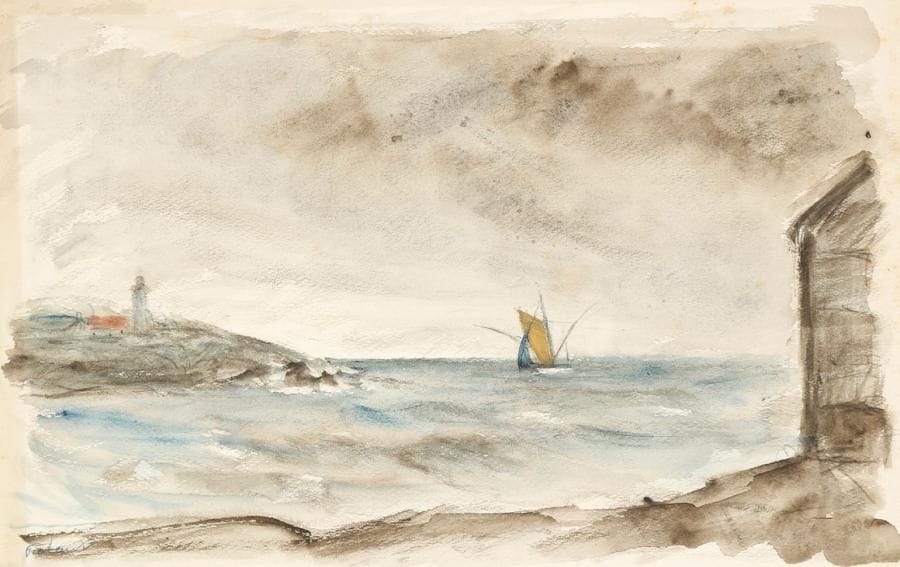 Jean Frélaut (1879-1954)
Retour au port. Aquarelle et mine de plomb sur vélin blanc, [508 x 327], signée dans l'angle inférieur gauche au crayon bleu. Petites rousseurs claires en tête.