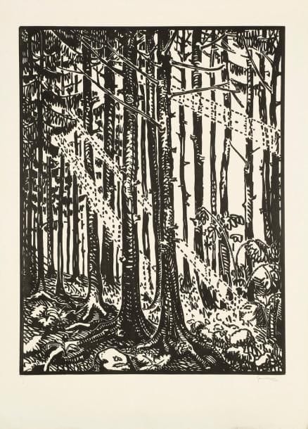 Gabriel-Belot (1882-1952)
[Sous-bois]. Bois gravé. 490 x 640. Très belle épreuve sur vélin, numérotée et signée à la mine de plomb. Courtes déchirures aux bords du feuillet. Toutes marges. Tirage à 100 épreuves.