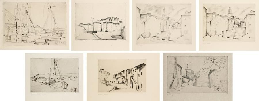 Pierre Guastalla (1891-1968)
Saint-Tropez et les Maures. 1927. Eau-forte. Formats divers. Réunion de 7 épreuves d'essai ou d'état sur différents papiers, un sujet en double, la plupart annotées et signées à la mine de plomb. Toutes marges. Joint: prospectus-annonce de l'éditeur Marcel Guiot.