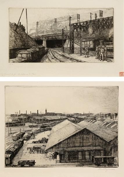 Charles Heyman (1881-1915)
Les Chemins de fer, la station de la Plaine; Le Chemin de fer, Bercy. 1913. Eau-forte. 260 x 131 et 248 x 178. S.-S. 133 et 134. Très belles épreuves signées à la mine de plomb, la 1re sur vergé ancien azuré, en outre numérotée, de la collection A. Barrier (Lugt 70d). Toutes marges. Timbre sec: Ed. Sagot éditeur, Paris (Lugt 2254). Ens. 2 p.
