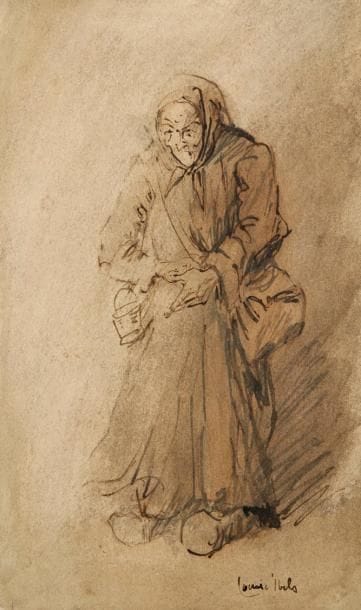 Louise Ibels (1891-1965)
[Vieille femme en sabots]. Dessin, plume, encre sépia et lavis sur vélin fort. [178 x 298]. Signé en bas à droite. Traces de colle au verso.