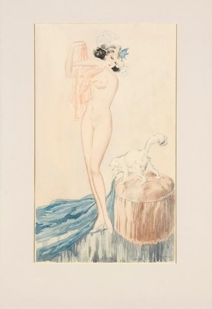 Louis Icart (1888-1950)
La Chemise rose. Vers 1930. Aquarelle et mine de plomb sur vélin crème. À vue: 270 x 450. Signée en bas à droite à la mine de plomb. Cadre.