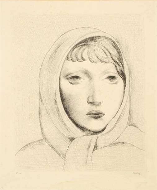 Moïse Kisling (1891-1953)
Tête de jeune fille au fichu. Vers 1920. Lithographie. 350 x 415. Très belle épreuve sur vélin crème fort, numérotée et signée à la mine de plomb. Fine bande d'oxydation en tête. Très claires auréoles d'humidité en pied. Toutes marges. Tirage à 100 épreuves.