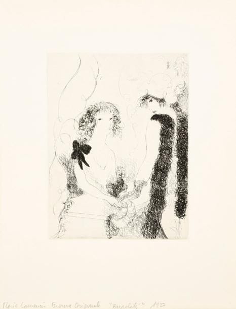 Marie Laurencin (1883-1956)
Frivolités, ou La Marchande de rubans. Planche pour Tableaux de Paris, Émile-Paul éd., Paris, 1927. Eau-forte. 148 x 198. Marchesseau 92. Parfaite épreuve sur vélin blanc. Toutes marges. Tirage à 225 épreuves.