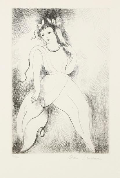 Marie Laurencin (1883-1956)
Jeune fille au collier. 1945. Eau-forte. 160 x 240. M. 237. Parfaite épreuve sur vélin, numérotée et signée à la mine de plomb. Toutes marges. Tirage à 120 épreuves. Timbre sec: Société des Peintres-Graveurs Français (Lugt 1195a).