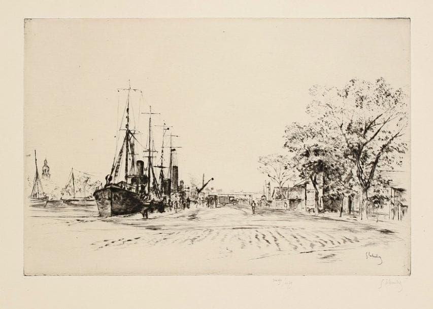 Gustave Leheutre (1861-1932)
Les Chalutiers, La Rochelle. 1924. Pointe sèche. 298 x 198. I.F.F. 146. Très belle épreuve sur vergé mince, numérotée et signée à la mine de plomb, puis titrée en pied. Toutes marges. Tirage à 100 épreuves. Timbre sec: Ed. Sagot éditeur, Paris (Lugt 2254).