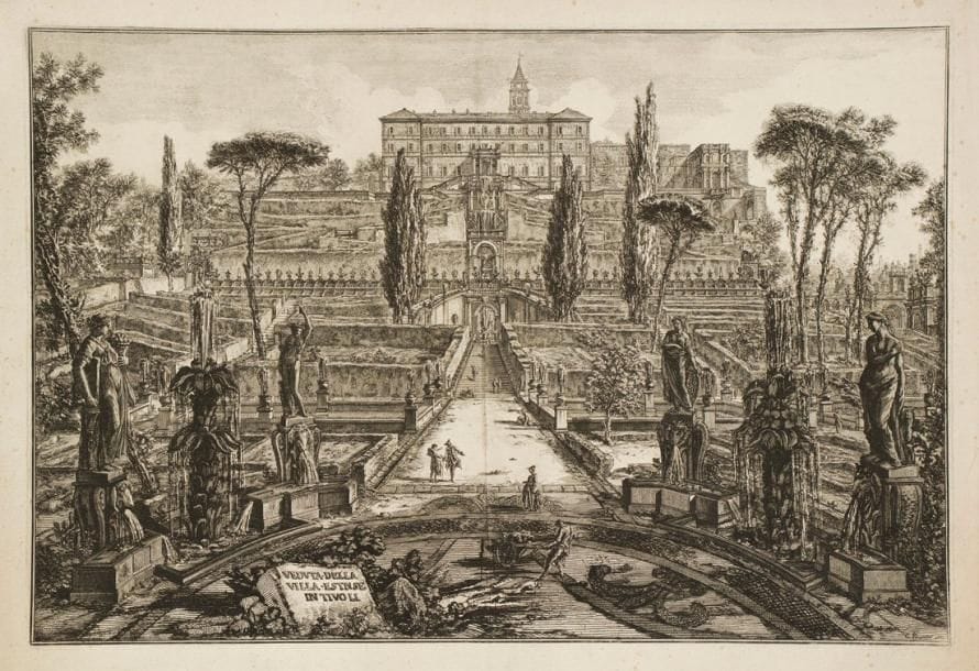Giambattista Piranesi (1720-1778)
Veduta della Villa Vstense in Tivoli. (La Villa d'Este à Tivoli). 1773. Eau-forte. 705 x 470. Hind 105. Belle épreuve avant les numéros. Pli vertical médian normal. Petite amincissure en tête, inhérente à la fabrication du papier. Rousseurs et menus accidents aux bords du feuillet. Toutes marges. Premier tirage parisien.