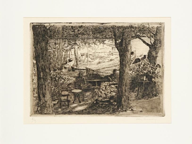 Alexandre Lunois (1863-1916)
Café à Anatoli Kavack (Turquie). Vers 1912. Eau-forte. 250 x 175. I.F.F. non décrit. Très belle épreuve sur vélin, signée et numérotée à la mine de plomb. Marges. Tirage à 35 épreuves. Cadre.