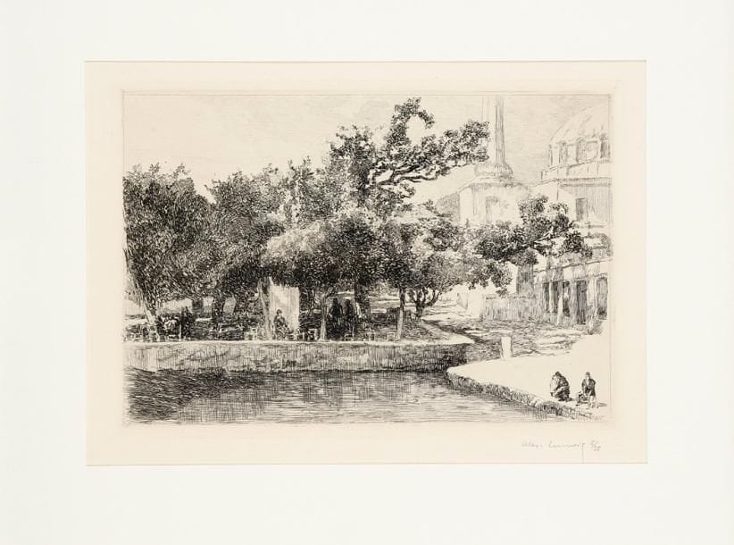 Alexandre Lunois (1863-1916)
Le Bassin de radoub à la Corne d'Or (Constantinople). Vers 1912. Eau-forte. 246 x 170. André p. 214; I.F.F. 166. Belle épreuve sur vélin, numérotée et signée à la mine de plomb. Marges. Cadre.