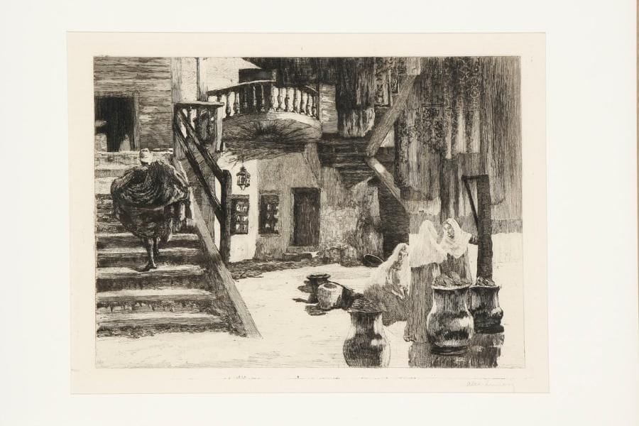 Alexandre Lunois (1863-1916)
Vieille teinturerie à Scutari. Vers 1912. Eau-forte. 345 x 248. I.F.F. 160. Très belle épreuve sur simili-japon, signée à la mine de plomb. Marges. Cadre.
