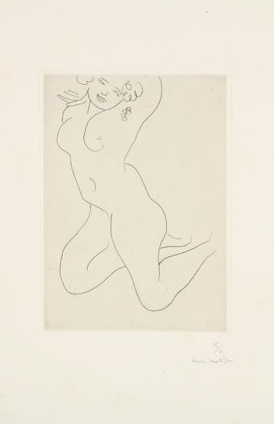 Henri Matisse (1869-1954)
Nu à genoux, bras derrière la tête. 1930. Eau-forte. 128 x 180. Duthuit-Garnaud 221. Très belle épreuve sur chine appliqué, numérotée et signée à la mine de plomb. Très claires rousseurs sur le support. Un court pli cassé oblique sur le coup de planche à droite. Petits restes d'onglets en tête au verso. Toutes marges. Rare. Tirage à 25 épreuves.