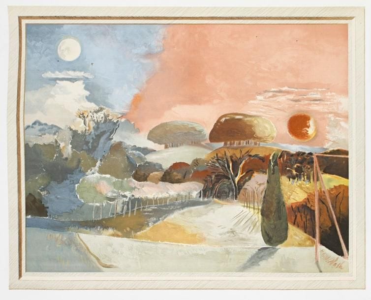 Paul Nash (d'après)
Landscape of the Vernal Equinox. Lithographie d'après le tableau de 1943 (collection de la famille royale d'Angleterre). 970 x 766. Impression en couleurs. Très belle et fraîche épreuve sur vélin, soigneusement entoilée. Toutes marges. C.E.M.A. éditeur.