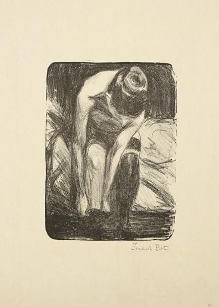 Fernand Piet (1869-1942)
[Femme enfilant son bas]. Vers 1930. Lithographie. 155 x 212. Très belle épreuve sur simili-japon, signée à la mine de plomb. Plis de manipulation. Toutes marges.