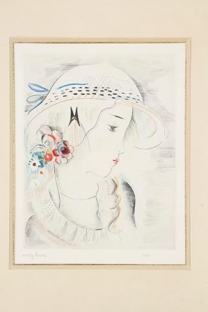 Mily Possoz (portugaise, 1888-1967)
[Jeune fille de profil au chapeau]. 1930. Pointe sèche. 205 x 262. Très belle épreuve sur vélin blanc, largement rehaussée à la gouache, signée et numérotée à la mine de plomb. Marges. Tirage à 50 épreuves. Cadre (étiquette de la galerie Marcel Guiot au verso).
