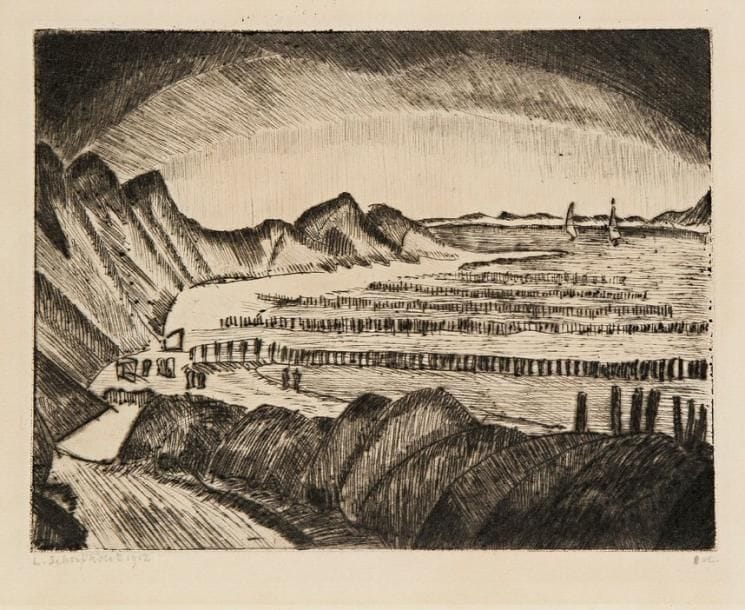 Lodewijk Schelfhout (néerlandais, 1881-1943)
Côte française. 1912. Pointe sèche. 132 x 100. Très belle épreuve sur vergé, signée et datée à la mine de plomb. Trace claire d'oxydation à l'ouverture d'un ancien montage. Petites marges normales.