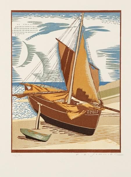 François-Louis Schmied (1873-1941)
Le Langoustier. 1924. Gravure sur bois. 148 x 195. Impression en couleurs. Parfaite épreuve sur vélin, numérotée et signée à la mine de plomb. Toutes marges. Tirage à 160 épreuves. Timbre sec: Société de la Gravure sur Bois Originale (Lugt 1140a).