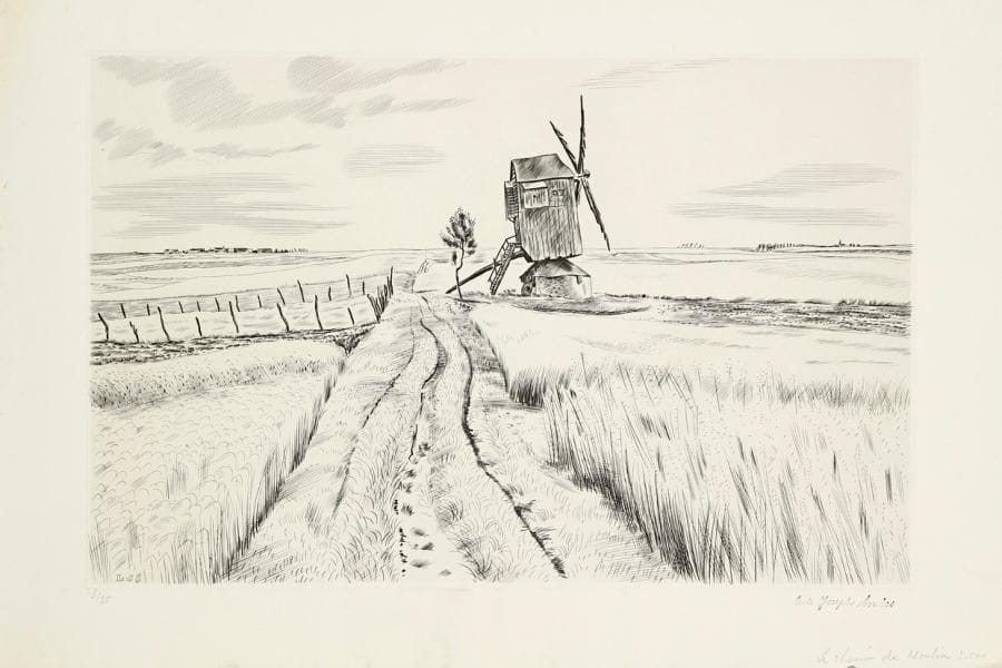 Louis-Joseph Soulas (1905-1954)
Le Moulin aux gerbes; Le Chemin du moulin. Vers 1950. Burin. 395 x 250 et 392 x 255. Très belles épreuves sur vélin, numérotées à la mine de plomb et timbrées. Infimes rousseurs. Toutes marges. Tirage à 80 et à 35 épreuves. Ens. 2 p.