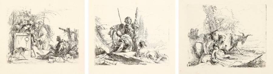 Giambattista Tiepolo (1696-1770)
Vari Capricci. 1739-1743. Eau-forte. Vesme 3-12; Rizzi 29-38. Un album oblong, [313 x 240], relié à la ficelle, contenant 9 planches (sur 10). Belles épreuves sur vergé mince. Menues salissures, rousseurs, petites auréoles claires d'humidité et plis aux bords du feuillet. Fragment de dessin à la mine de plomb et aux crayons de couleurs dans la marge inférieure de la 1re planche. Filigrane: R [Remondini] à certaines planches. Toutes marges.